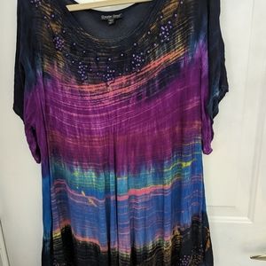 Plus women's topper, tie dyed, purples/blues/touch of rust